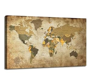 Canvas Wall Art World Map Poster Nautical Decor Modern Framed Art Map of The World Vintage Artwork Canvas Print Wall Map Pictures for Wall Painting for Office Wall Art Travel Memory for Home Decor