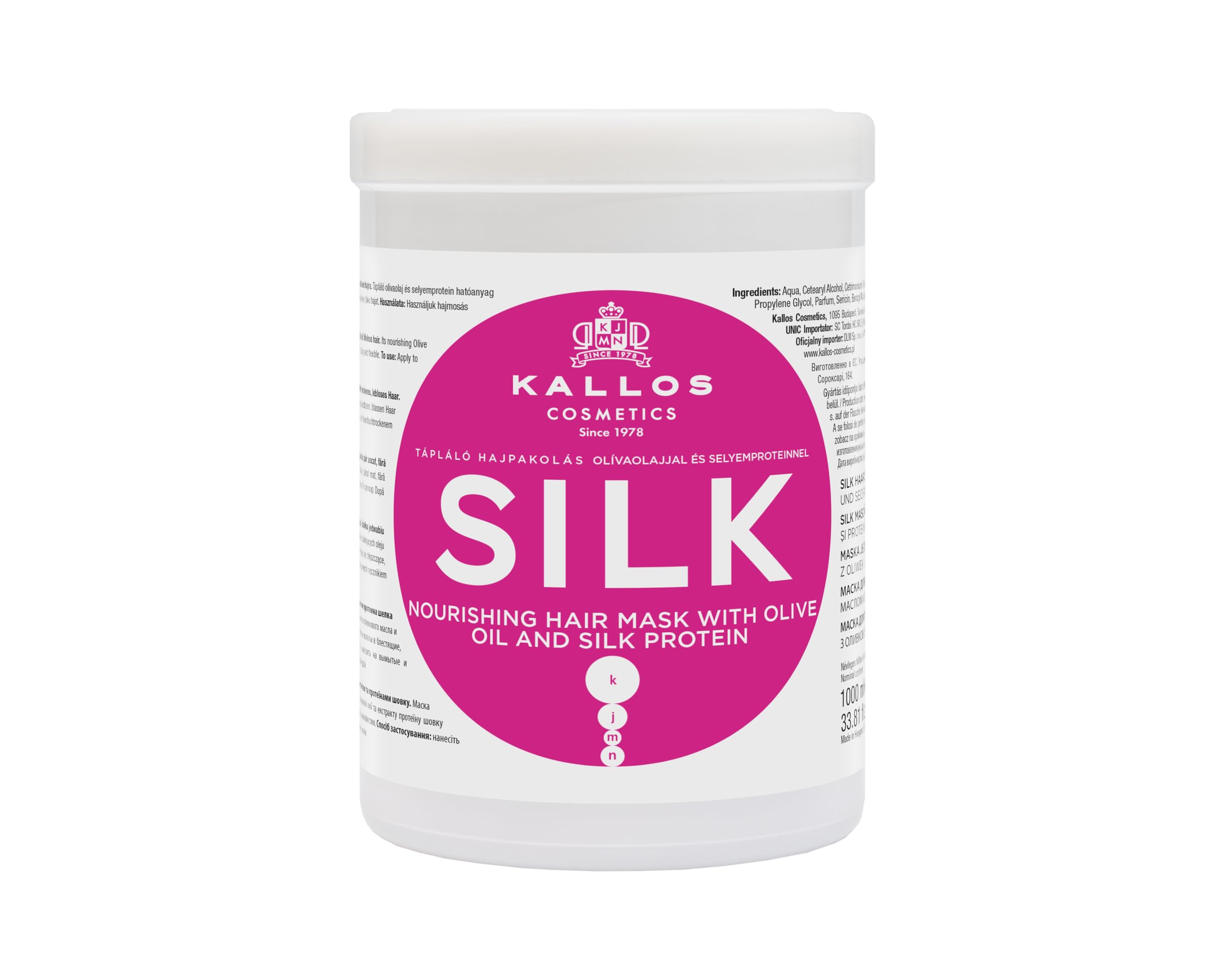 Kallos Cosmetics KJMN Silk Nourishing Hair Mask for Dry, Fragile and Dull Hair, Enhances Texture and Shine, Boosts Elasticity with Olive Oil and Silk Protein - 1L