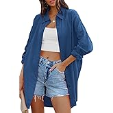 FSHAOES Womens Oversized Button Down Shirts Casual Loose Long Sleeve Solid Lapel Long Blouses Tops with Pockets