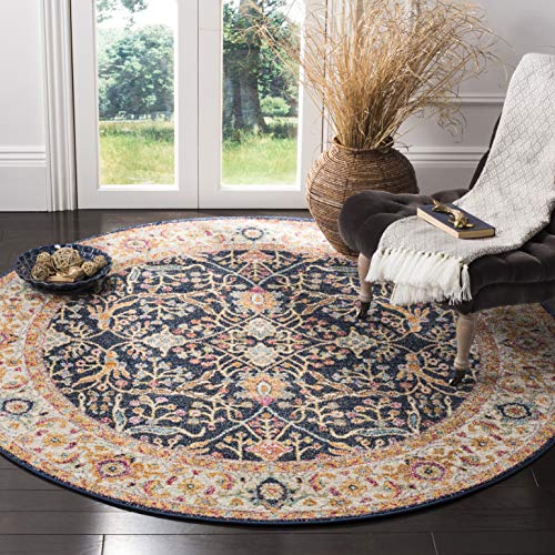 SAFAVIEH Madison Collection Area Rug - 6'7" Round, Navy & Creme, Oriental Desig…