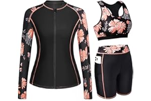 Daci Women 3 Piece Rash Guard - 3PC Long Sleeve Zip up Swim Shirt Sports Bra Modest Swimsuit with Shorts
