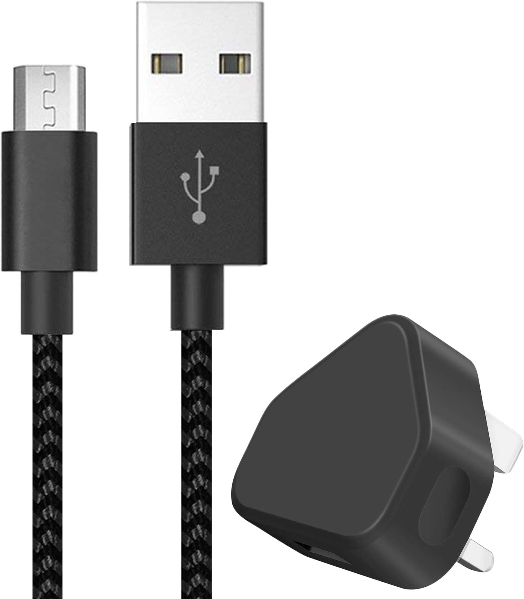 IWIO 3 Pin UK USB Mains Charger Adapter 1000 mAh / 1 AMPwith USB 2.0 Micro USB Sync and Charge Cable 1 Meter compatible with Lenovo Tab 7 2017 - BLACK