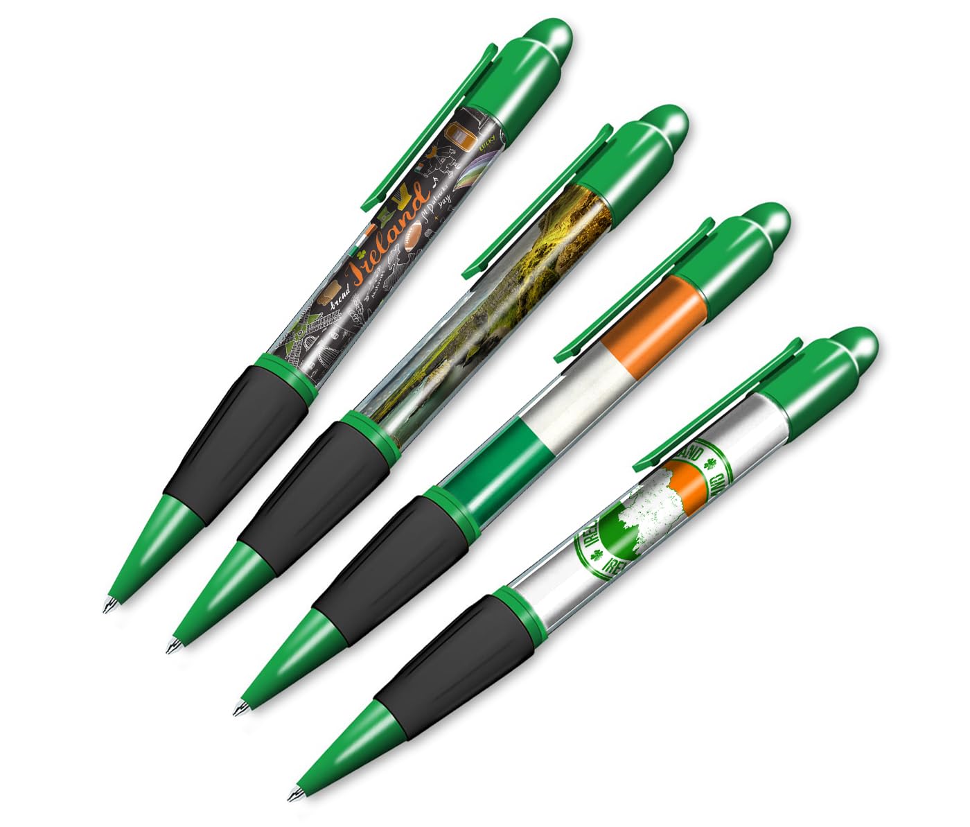 DV DESIGN Set of 4 Ireland Green Ballpoint Pens - Irish Flag Patrick's Day Travel Holiday Hobby Boys Girls Men Women Theme Pen Black Ink #81363