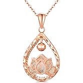 SISGEM 18k Rose Gold Lotus lotus flower Necklace for Women, Real Gold Teardrop Pendant and Chain Jewelry Gift for Her, 16-17 Inch