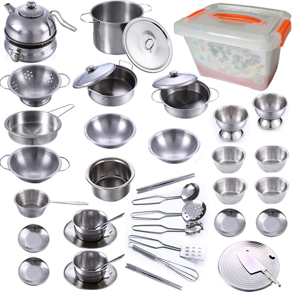 Cooking Utensils Set 41 Pieces Stainless Steel Kitchen Toys Pretend Play Pots Pans Toy Cookware Kits for Kids Come with a Handy Storage Box Role Play Educational Toys for Toddlers Small Size