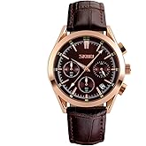 SKMEI Men Watches Black Leather Band Sports Large Big Face Luxury Waterproof Luminous Fashion Dress Casual Analog Quartz Chronograph Father Gifts Wrist Watch