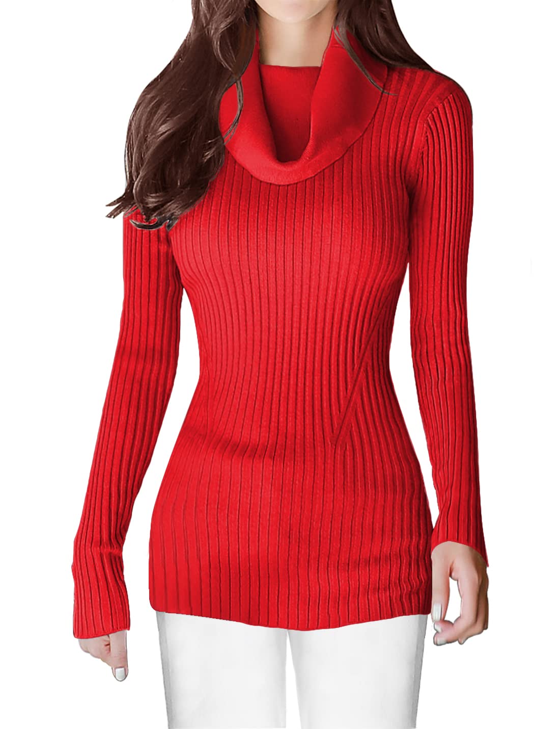 v28 Sweaters for Women Long Sleeve Soft Knitted Ribbed Cowl Neck Fitted Bodycon Sexy Pullover(M, Red) Image