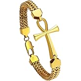 OIDEA Egyptian Ankh Cross Bracelet for Men: Double Row Braided Franco Chain Bracelet Key of Life Stainless Steel Mens Bracelet Protection Amulet Jewelry Gift