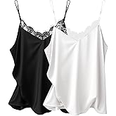 Ekouaer Women's Satin Camisole Lace Silk Satin Pajama Tank Tops V Neck Soft Spaghetti Strap Loose Sleepwear