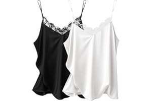 Ekouaer Women's 2 PCS Silk Satin Tank Top Lace Cami Spaghetti Strap Top Camisoles