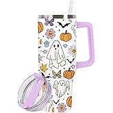 JarThenaAMCS Halloween Tumbler with Handle 40oz Ghost Pumpkin Flower Bat Tumbler with Lid Straw Purple Orange Stainless Steel Cup for Home Office Travel