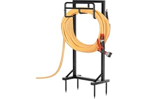 Garden Hose Holder with Stable Base and Tool Hooks, GAVISCITY Heavy-Duty Metal Hose Hanger Garden Hose Storage Holds 151Ft Hose, Rustproof Freestanding Water Hose Holder for Outside, Yard, Lawn, Black