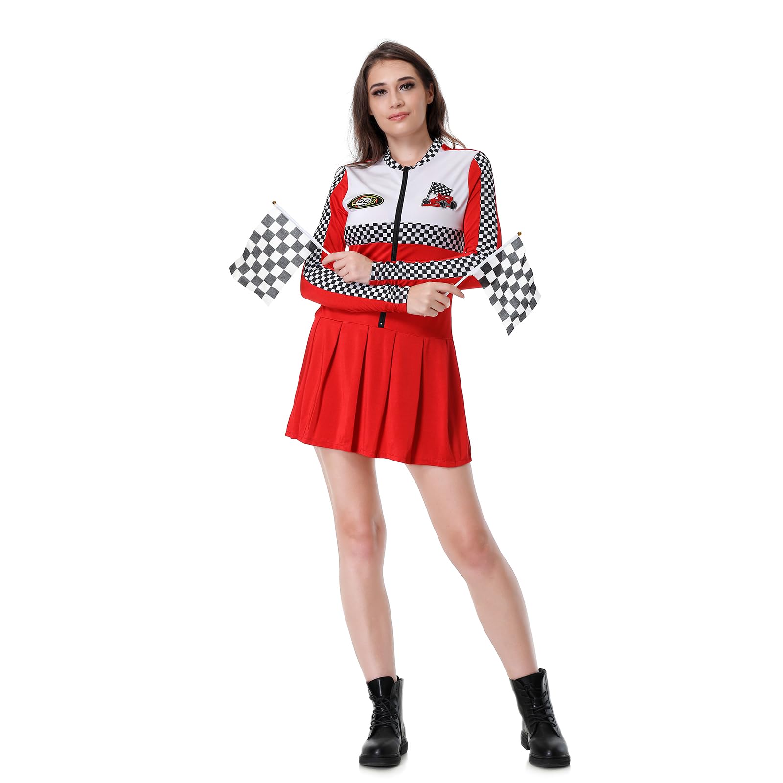 HAPNBCELE Women Racing Dress Adult Long Sleeved Racer Costume，Racing, Carnival, Theme Parties(Red, M)
