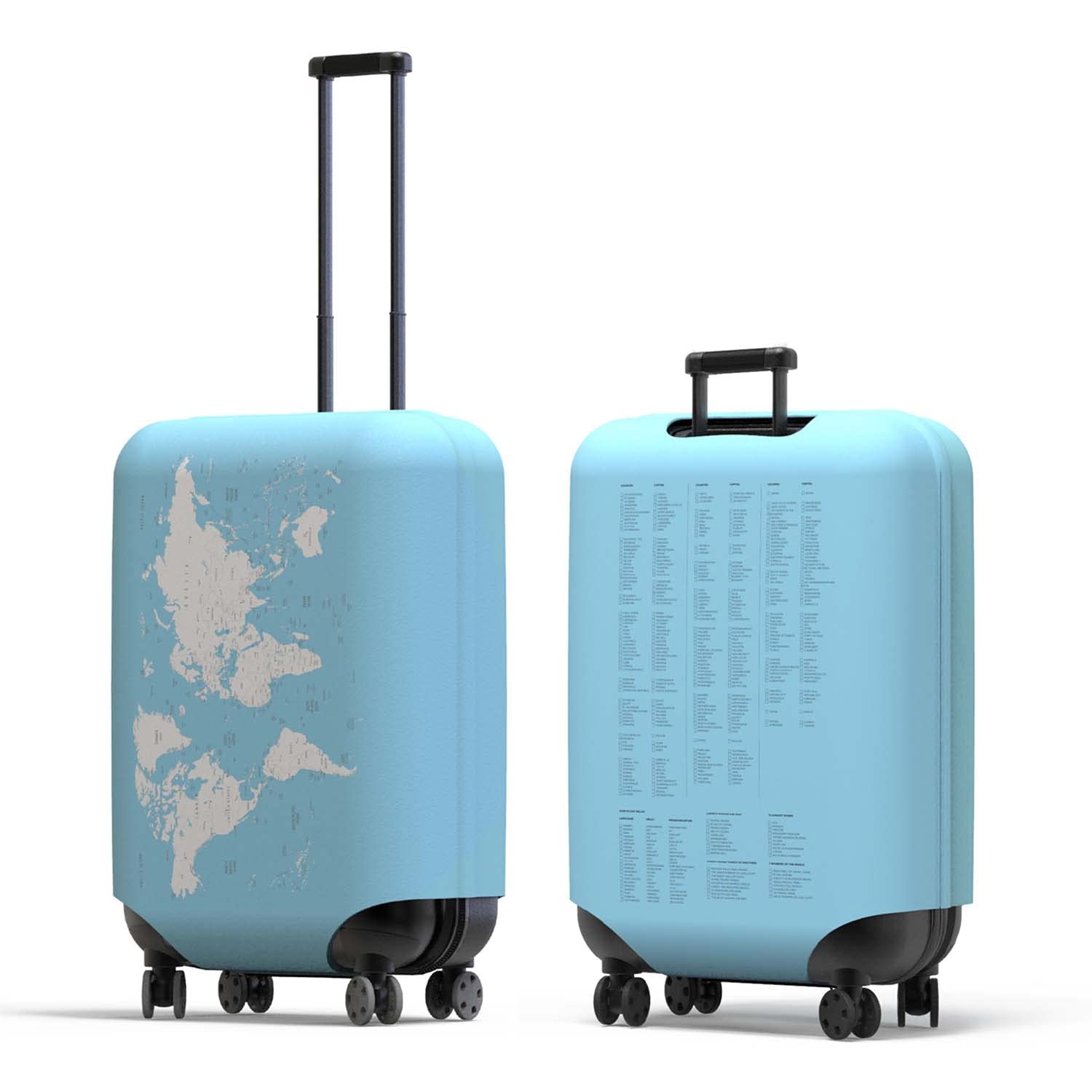 Pikkii Medium Suitcase Cover with World Map, Track Your Travels, Blue, Soft Shell, 4 Spinner Wheels, Carrying Handle, Stretchable Strap, Combination Lock, Polyester, Medium Size, Not Water Resistant