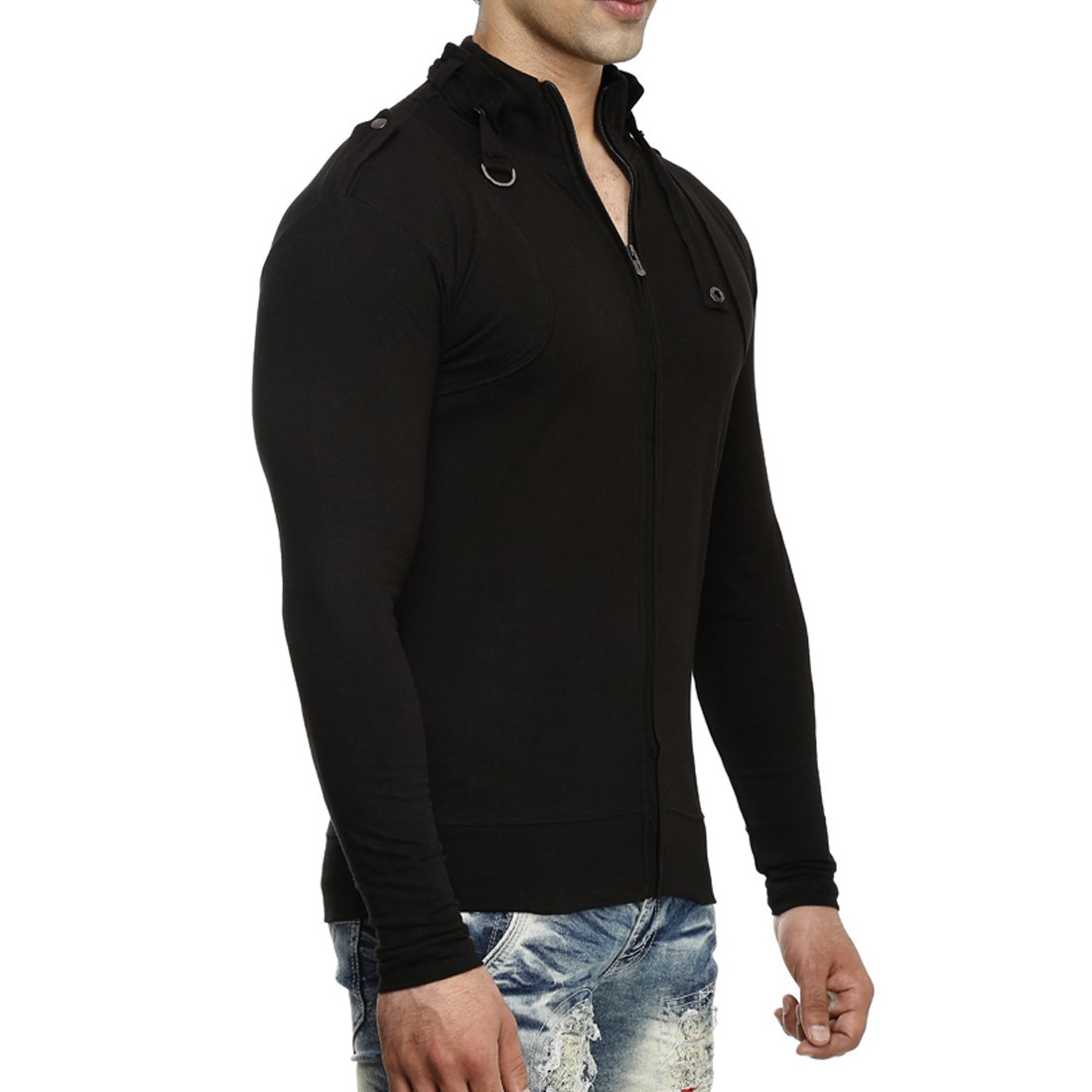 tees collection men's full zip buckle neck full sleeve black colour t-shirt