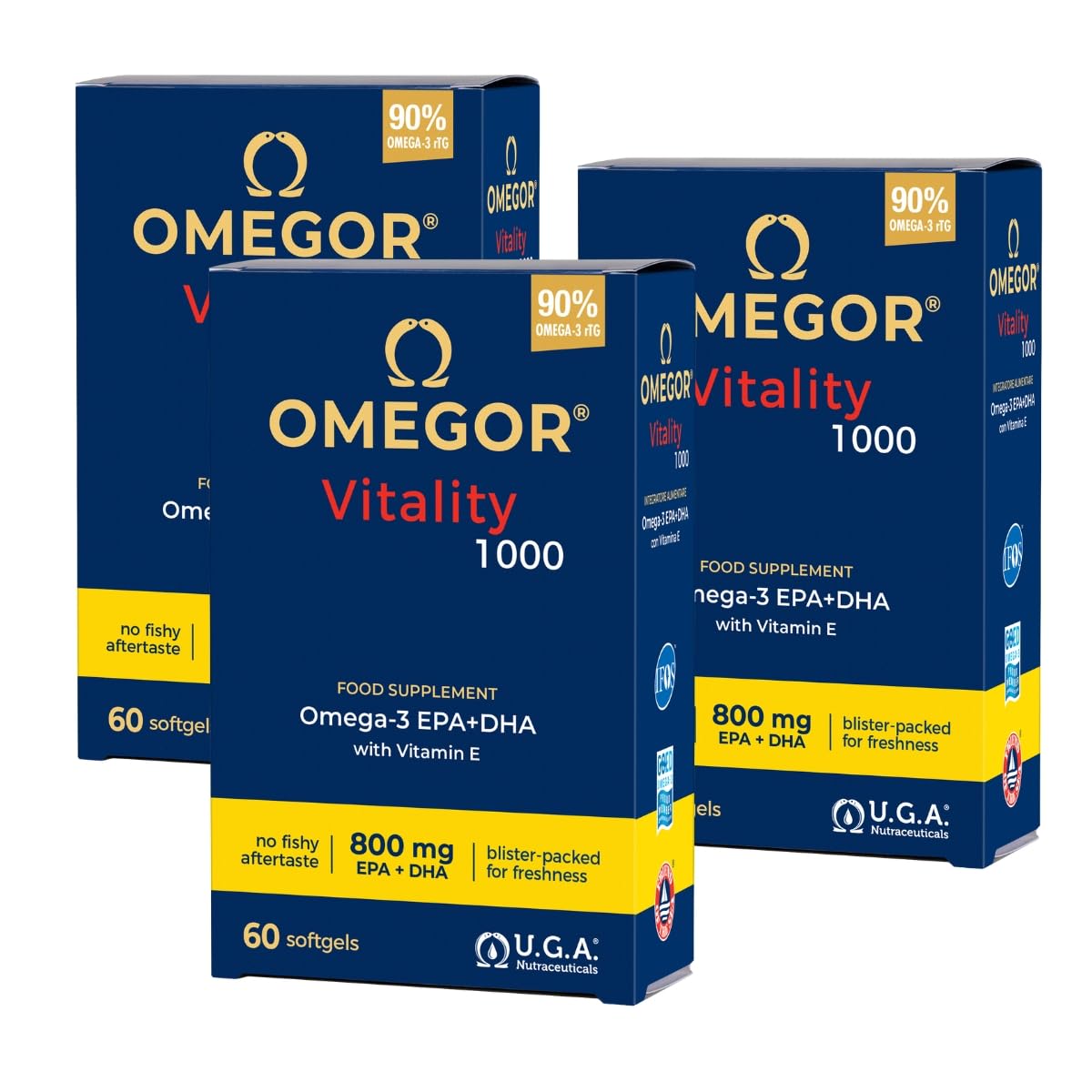 OMEGOR® Vitality 1000 High Potency 90% Omega-3 Wild Fish Oil | EPA 535mg & DHA 268mg per Capsule | TG Form | No Fishy Smell, Flavour & Aftertaste | 180 CPS 1000 (3 x 60 CPS)
