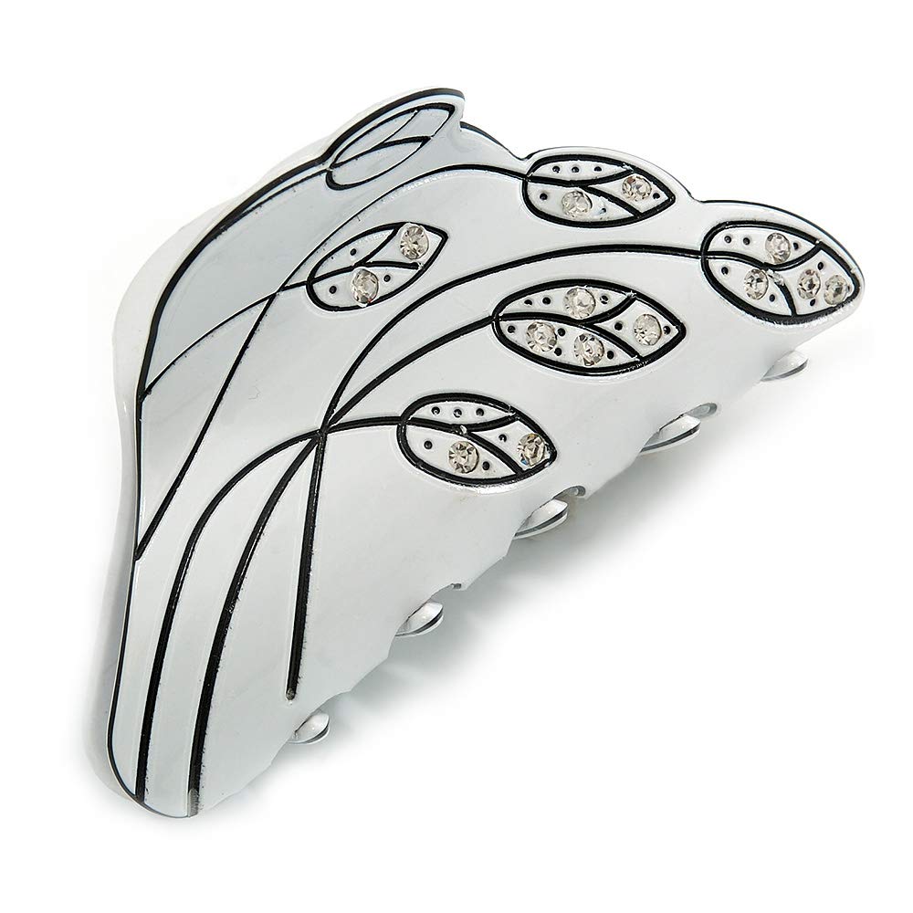 Medium White/Black Floral Motif Acrylic Hair Claw/Hair Clamp - 9cm Across