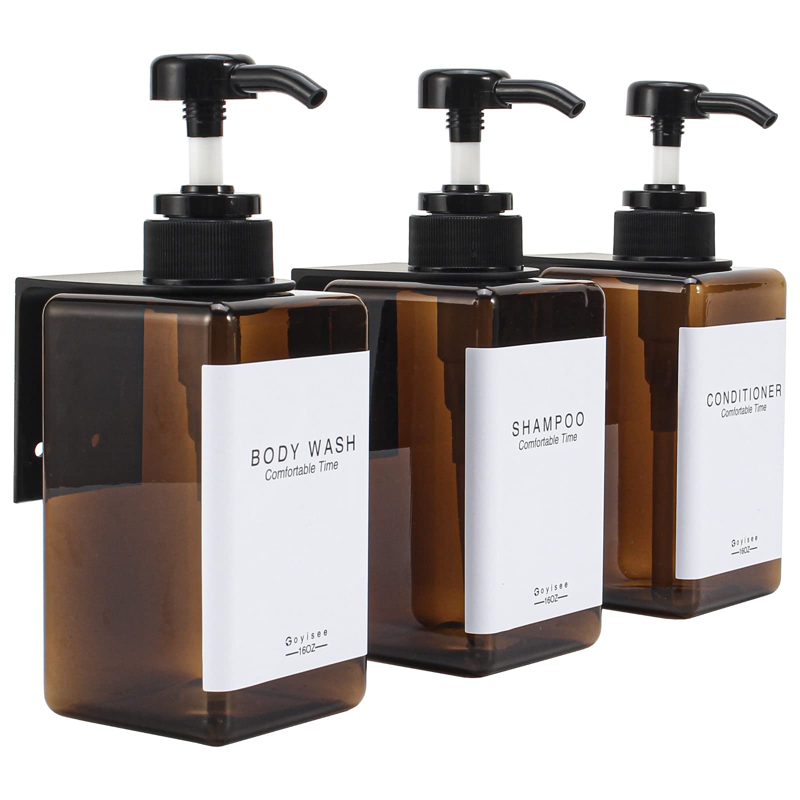 GOYISEE Plastic Refillable Hand Soap Dispenser Modern Square Pump Bottle for Bathroom Vanities or Kitchen Sink, Countertops - 3 Packs with Waterproof Label (3B3W-Amber)