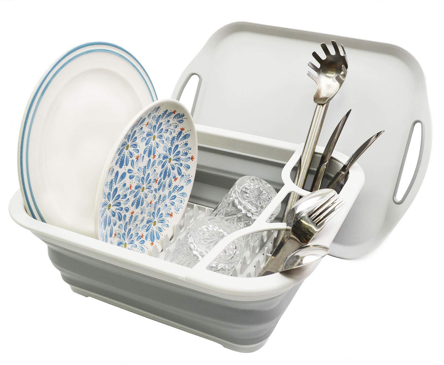 SAMMART Collapsible Plastic Dish Drainer with Tray - Foldable Drying Rack Set - Portable Dinnerware Organizer - Space Saving Kitchen Storage Tray (Grey)