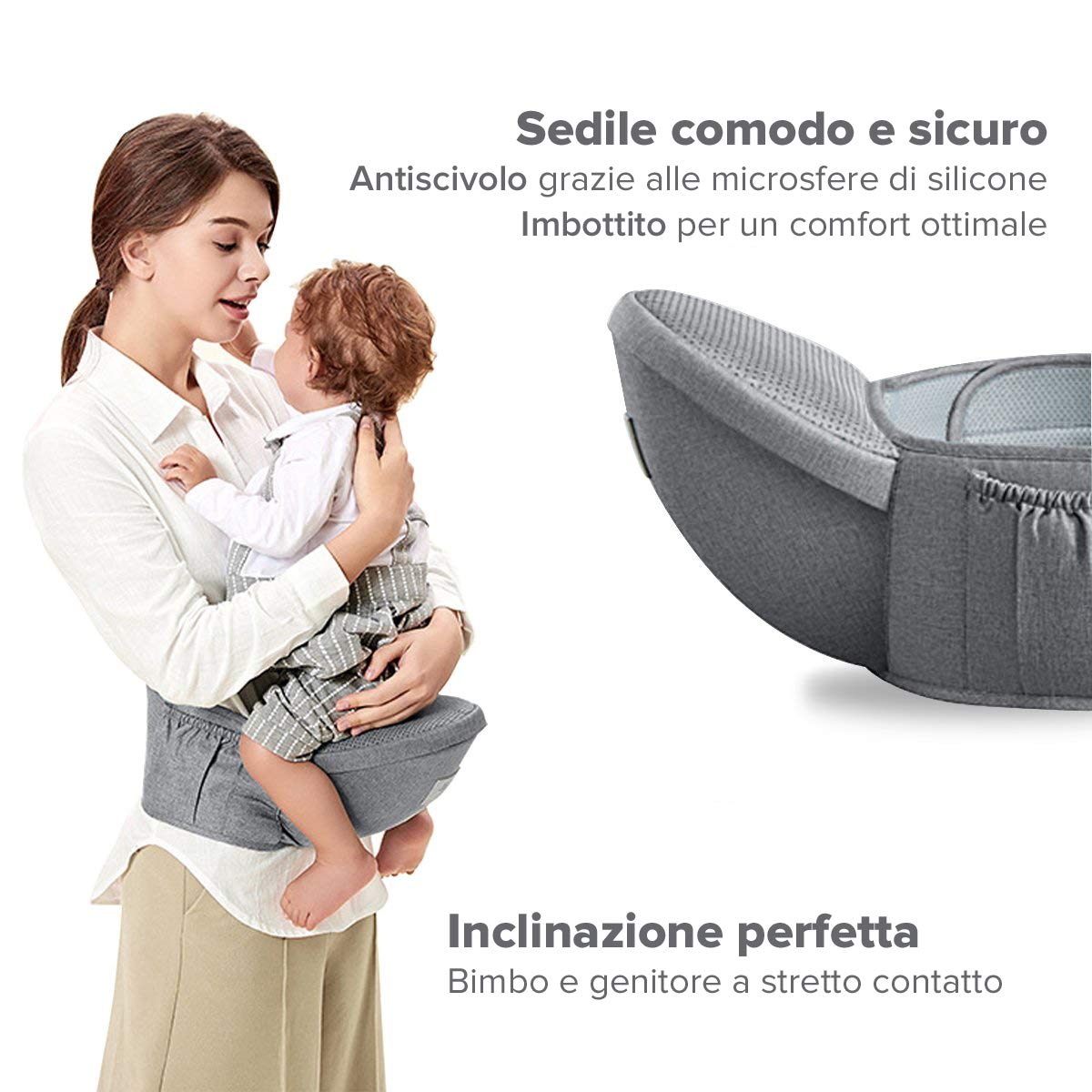 Flok - Babytrage Ergonomische Babytrage 0 36 Monate mit abnehmbarem Sitz und abnehmbarer Kapuze. Evolutionär, verstellbar und atmungsaktiv. Multiposition, Front, Back und Street Front (Grigio)