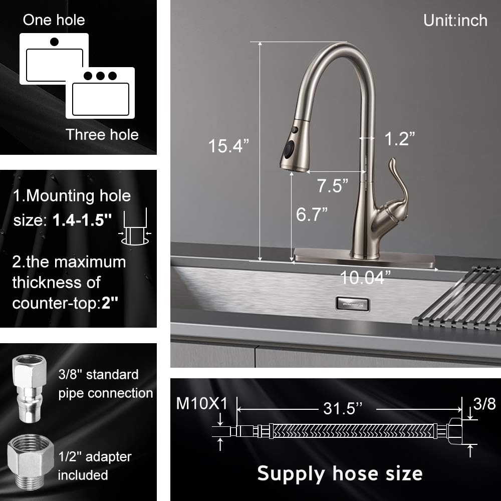 Modern Single Handle Pull Down Sprayer Kitchen Faucet, Brushed Nickel Kitchen Sink Faucets Stainless Steel High arc with Deck Plate - - 
