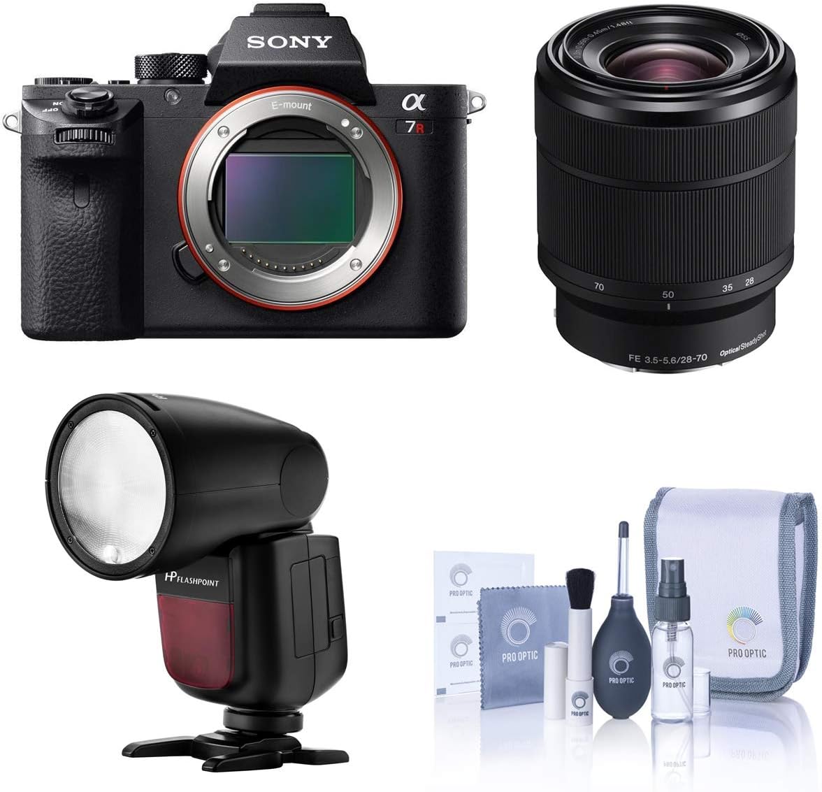 Sony a7R II Alpha Full Frame Mirrorless Digital Camera with FE 28-70mm f/3.5-5.6 OSS Lens - with Flashpoint Zoom Li-on X R2 TTL On-Camera Round Flash Speedlight, Cleaning Kit