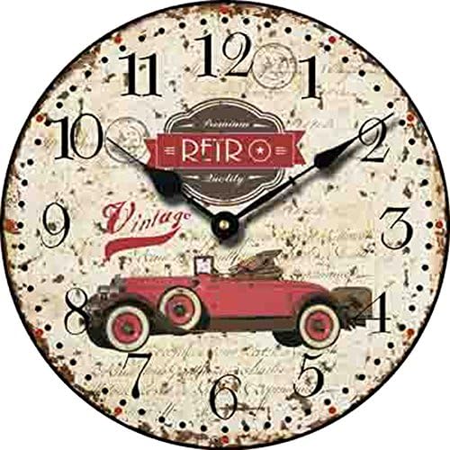 Yung Jo 10" Vintage Rustic Country Style ,Classic Cars Pattern Arabic Numerals Wooden Round Home Decorative Wall Clock (Red Car)
