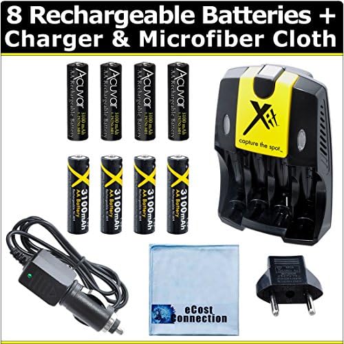 8 Rechargeable AA Batteries with AC/DC Car/Home Charger for AA/AAA Batteries + Microfiber Cloth