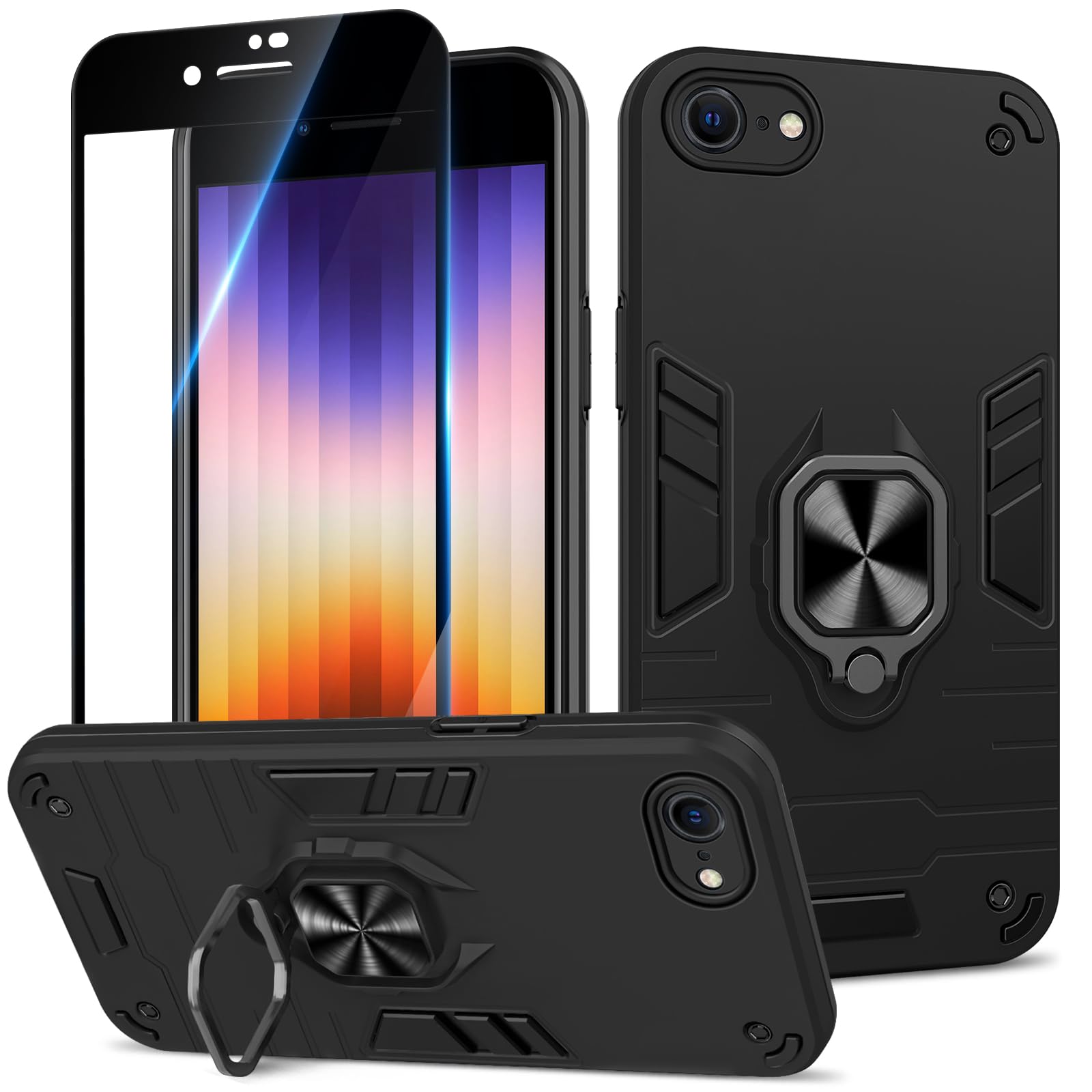 Btstring Case for iPhone SE 2022/iPhone SE 2020 /iPhone 6/7/8 and Screen Protector Tempered Glass, Shockproof Phone Case, Heavy Duty Personalised Case with Stand, Black — image 1