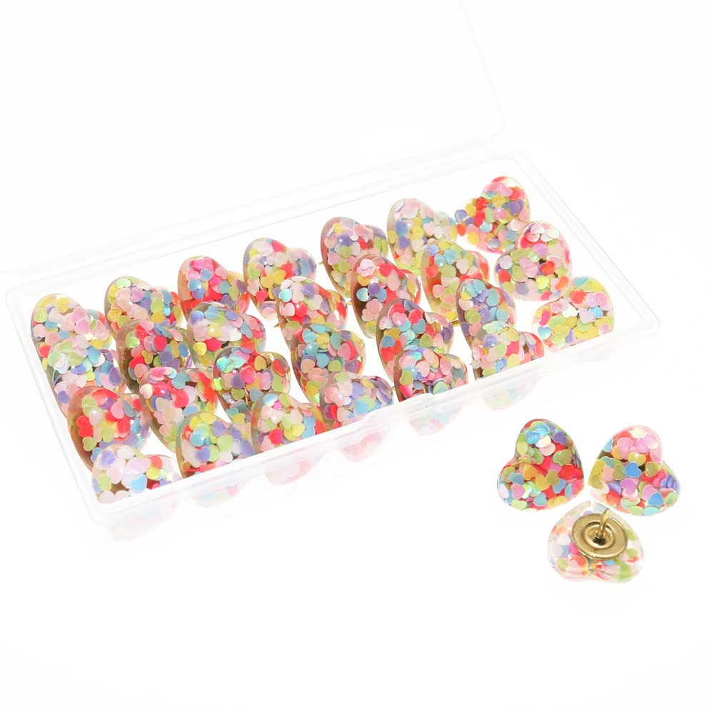BITEYI Heart Sequin Push pins,30 Pcs Cute Heart Amber Thumbtacks Decorative Pushpin for Photos Wall,Maps,Bulletin Board,Cork Boards(Color)