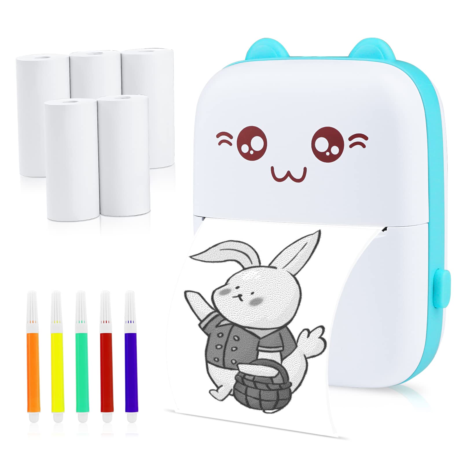 Mini Thermal Printer, Portable Photo Printer for Phone, Bluetooth Mini Label Printer, Sticker Maker Machine, Compatible with iOS and Android, with 5 Rolls Paper and 5 Pens (Blue)