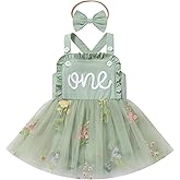 IMEKIS Baby Girls 1st Birthday Outfit Embroidered Floral Tulle Boho Romper Dress Headband Cake Smash Photo Shoot