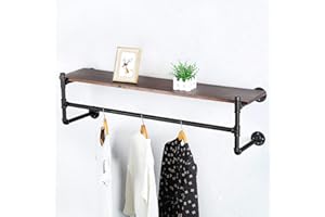 JIANZHUO Industrial Pipe Clothing Rack Wall Mounted with Wood Shelf,Rustic Retail Garment Rack Display Rack Cloths Rack,Pipe Shelving Floating Shelves