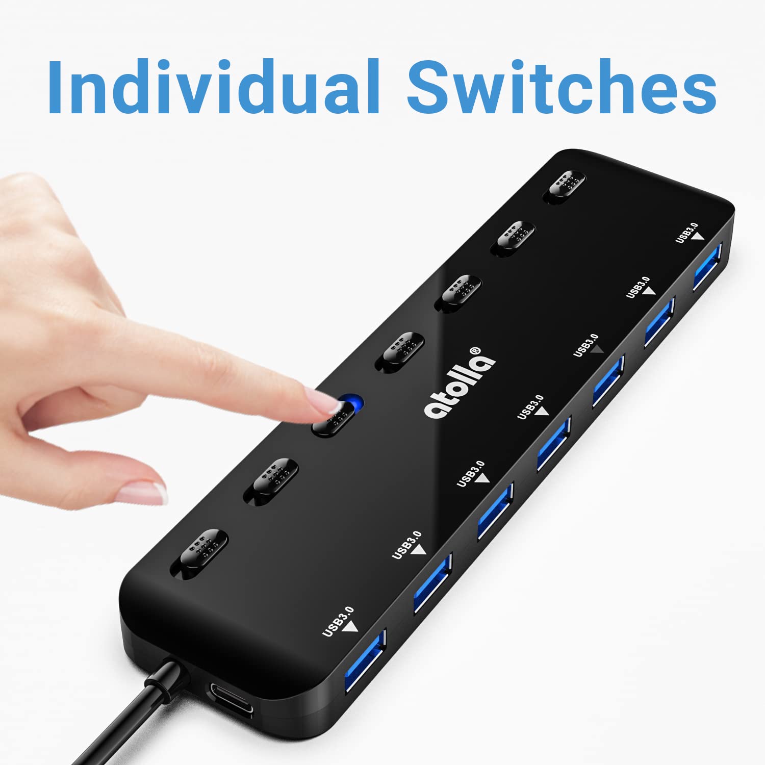 USB HUB, atolla USB Verteiler mit 7 USB3.0 Ports, Mehrfach USB 3.0 Daten Hub mit 100cm Erweitert Kabel und Individuellen LED EIN/Aus-Tasten für Laptop PC 5