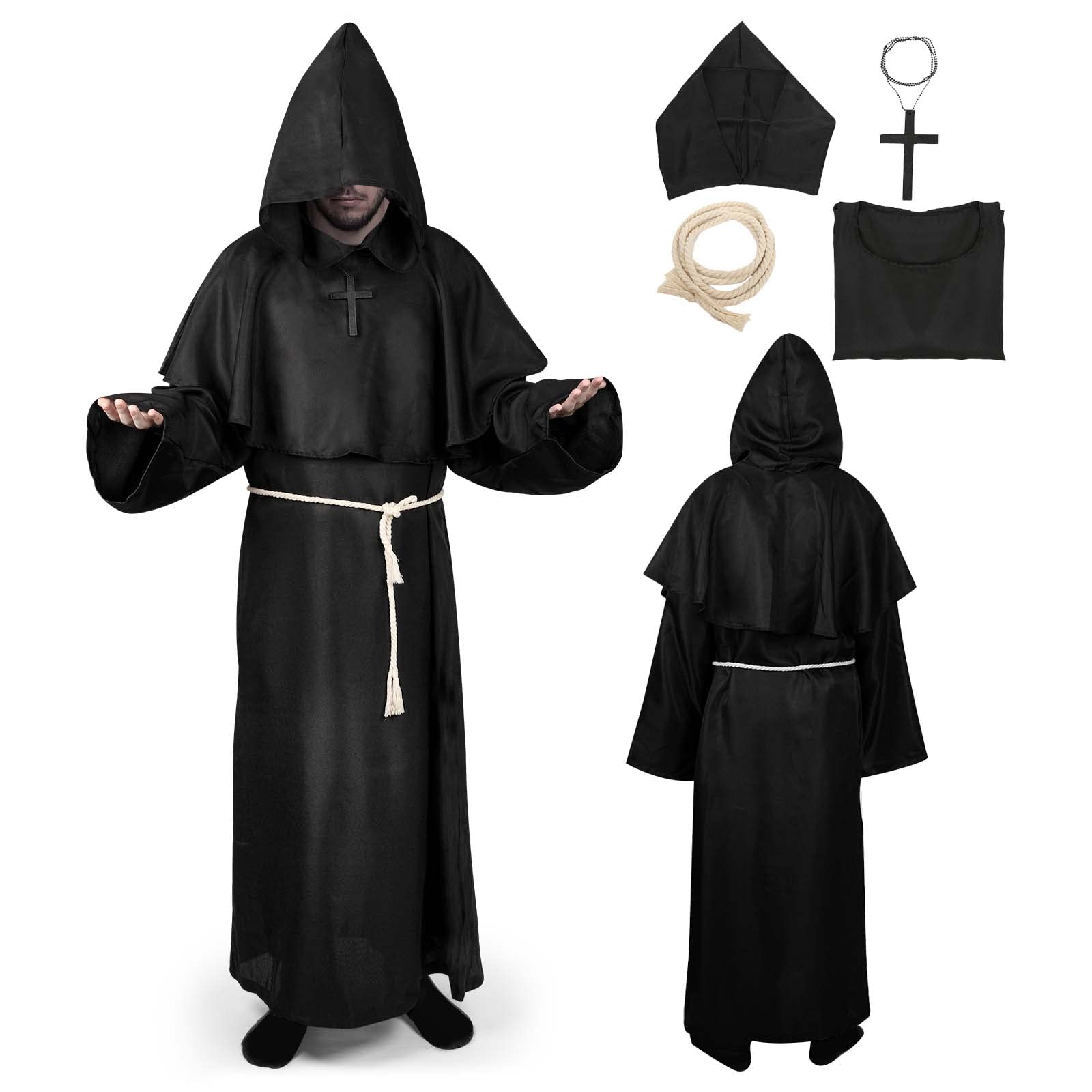 Medieval Robes Hooded Monk Robes Costume, Priester Monk Robes Costume, Halloween Robes Cosplay Fancy Dress Outfits For Adults (XL,Black)