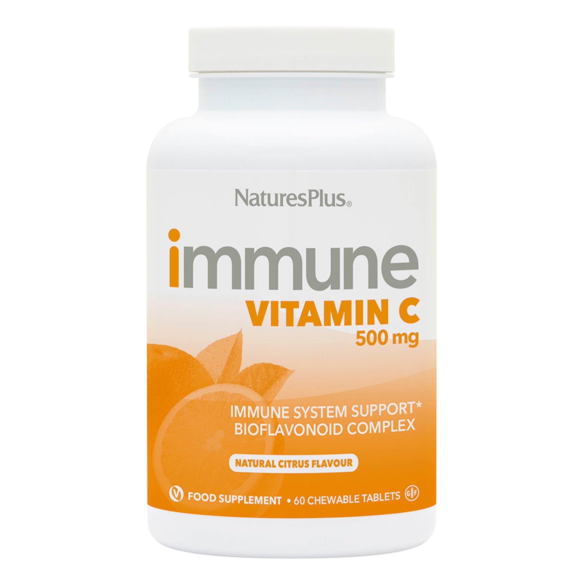 NaturesPlus Immune Chewable Vitamin C 500mg - Tasty Citrus Flavour - Gentle, Natural Vitamin C Tablets with Bioflavonoids - Immune Support - Vegan, Gluten Free - 60 Chewables