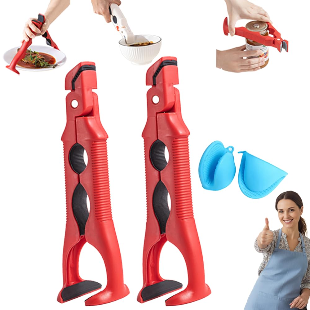 Photo 1 of 3-in-1 Hot Plate Gripper, Multi-Angle Anti-Scald Bowl Holder Clip & Hot Plate Grabber Tool with Lock, Includes 2 Silicone Sleeves for Hot Bowl Cozy Holder, Hot Plate Gripper Tongs (2 Pack Red)