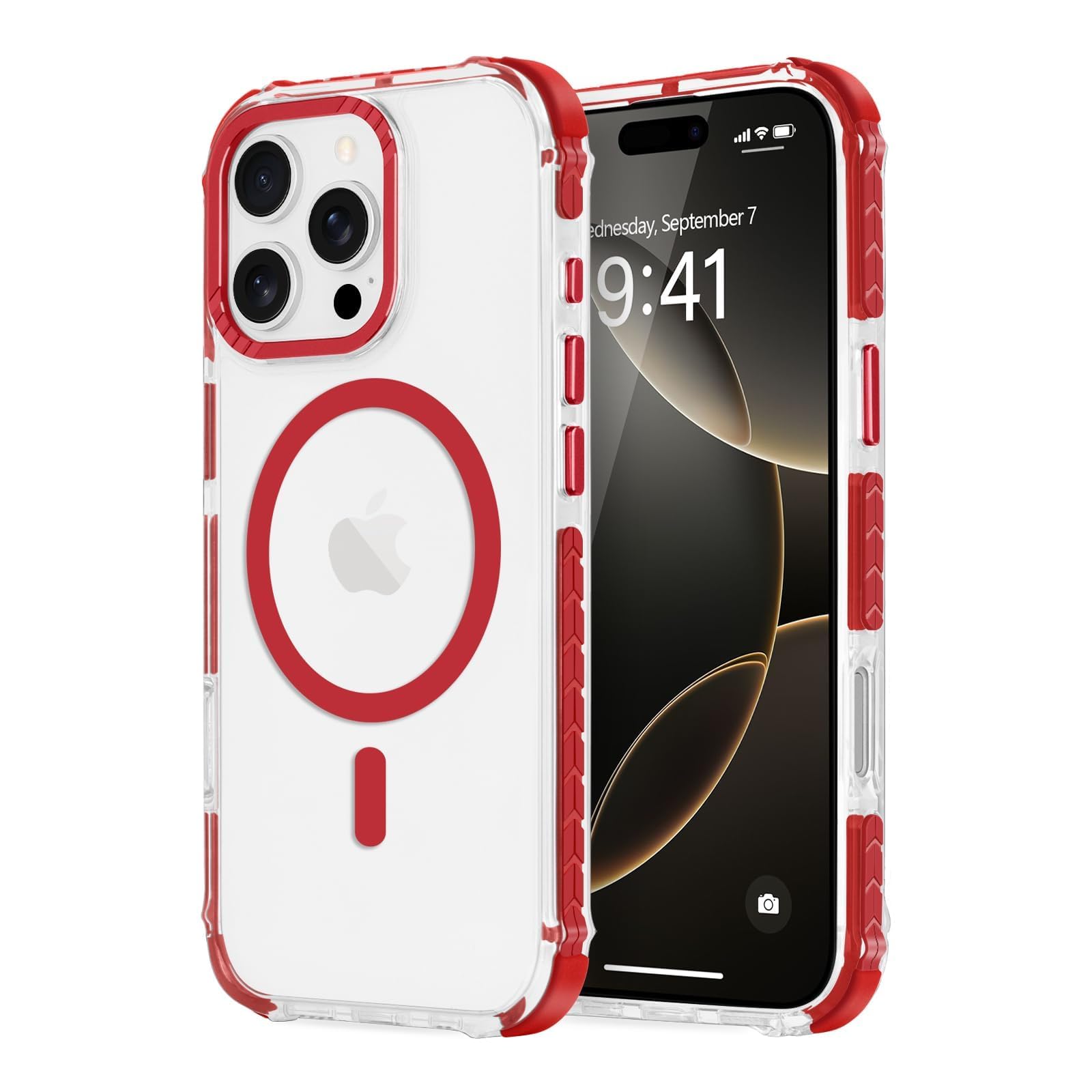 LLZ.COQUE Magnetic for iPhone 16 Pro Case, Compatible with Magsafe, Bumper Protective Cover, Slim Shockproof Anti-Scratch Transparent Men Women Phone Case for iPhone 16 Pro 6.3", Clear Red