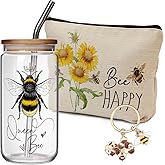 FALJIOK 3 Pcs Bee Gifts Set for Women Funny Gifts Set Included Glass Cup, Makeup Bag, Keychain, Bee Themed Gift for Birthday Mother's Day, Gift for Teachers Employee Mom