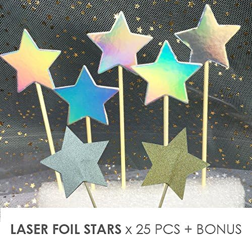 Value Pack- 24 Cupcake Toppers Picks- Various Themes (Laser Foil Stars)
