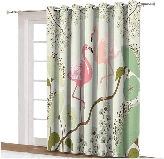 Cortina opaca de pavo real con fondo floral con un par de flamencos en