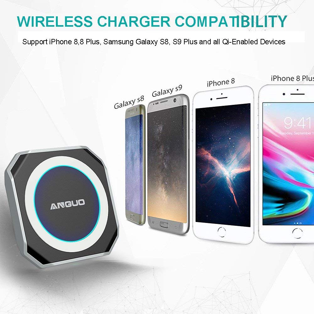 Anguo Wireless Charger, Qi Certified Fast Wireless Charger Charging Pad for iPhone X / 8/8 Plus, Samsung Galaxy S9, S9 Plus and All Qi-Enabled Device（NO AC Adapter）