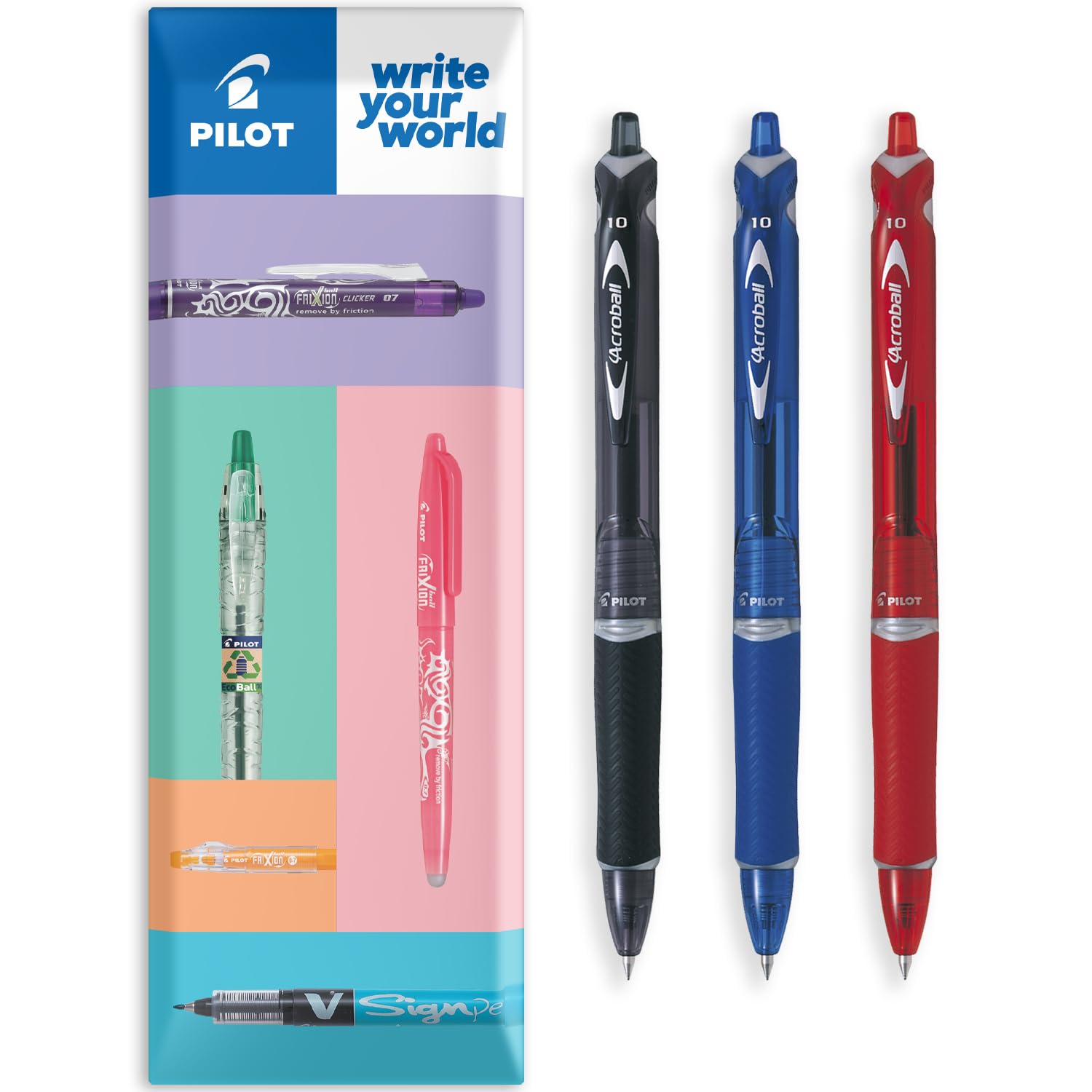 PILOT Acroball Retractable Ballpoint Pen - Begreen Range 79% Recycled - Pack of 3 Pens - Medium 1.0mm Nib - In Envelope Gift Packaging - Ideal for Writing, School, Home, Office. (Mixed)