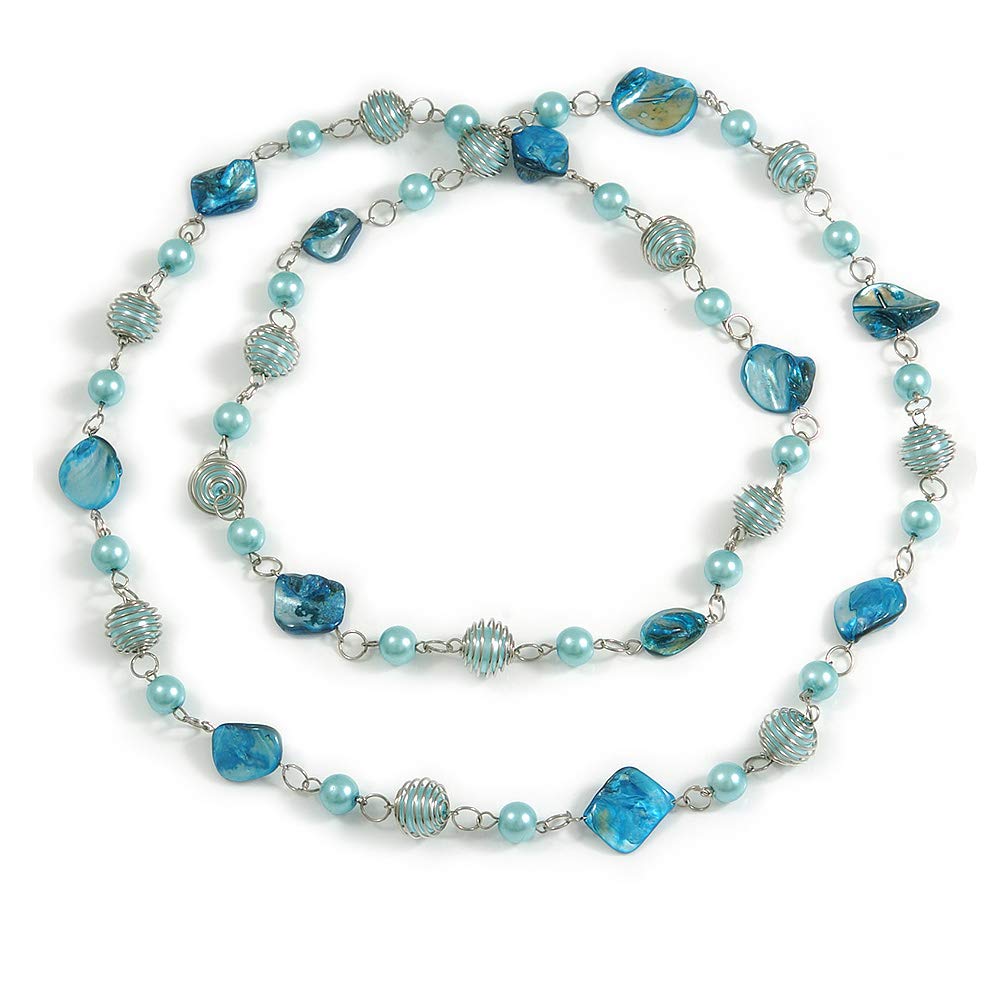 Avalaya Long Glass and Shell Bead with Silver Tone Metal Wire Element Necklace In Light Blue - 120cm L