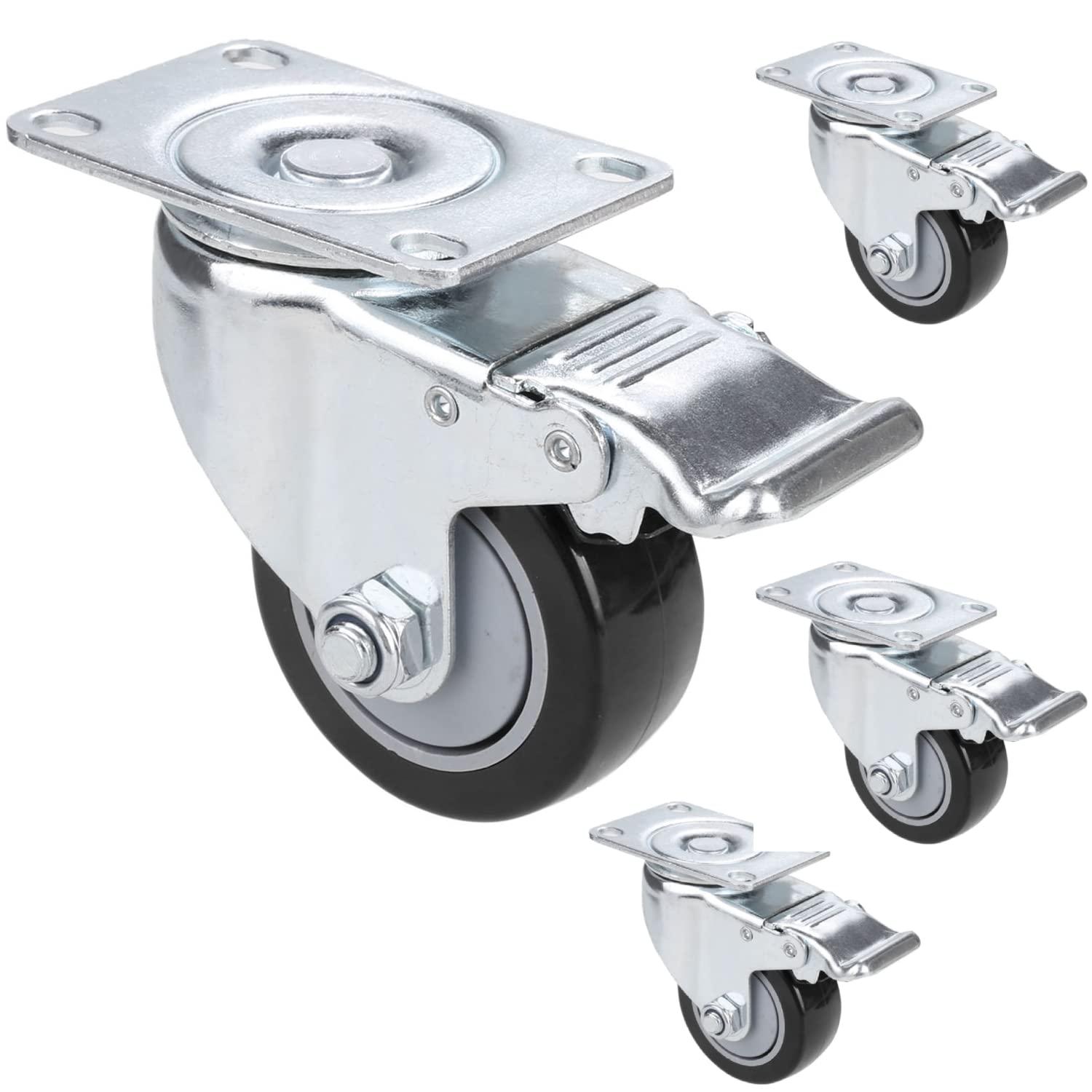 Set of 4 Furniture Castors 75 mm, Heavy Duty Castors with 2 Brakes up to 136 kg per Wheel, Transport Castors for Indoor and Outdoor Use, Swivel Castors 360° Rotatable, Industrial Castors for
