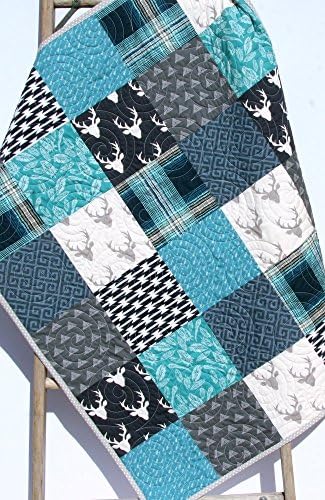 Modern Boy Quilt Modern Baby Bedding Woodland Deer Arrows Navy Blue Teal Gray Buck Plaid Handmade Crib or Toddler Size