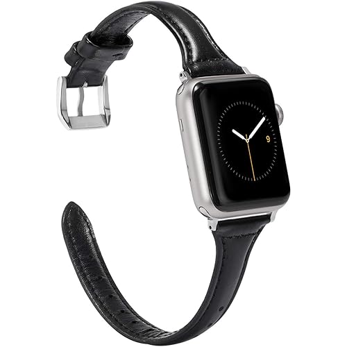 Wearlizer Black Thin Leather Compatible with Apple Watch Bands 42mm 44mm for iWatch SE Womens Mens Slim Straps Thin Wristband Simple Cute Replacement (Silver Metal Clasp) Series 6 5 4 3 2 1 Sport