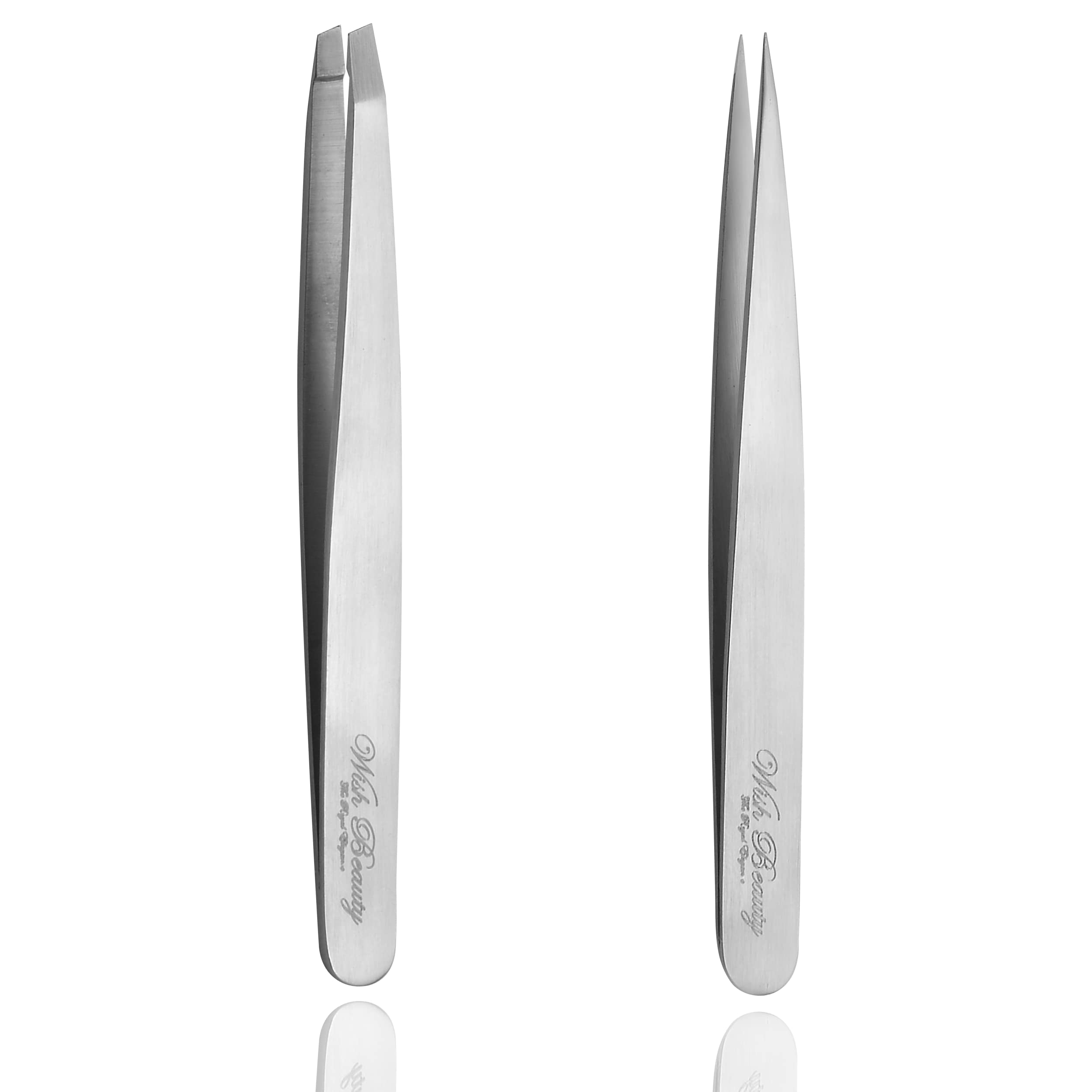 Wishbeauty 2-Piece Precision Tweezer Set - Slant & Pointed Stainless Steel Eyebrow Tweezers for Women & Men - Facial & Ingrown Hair Removal