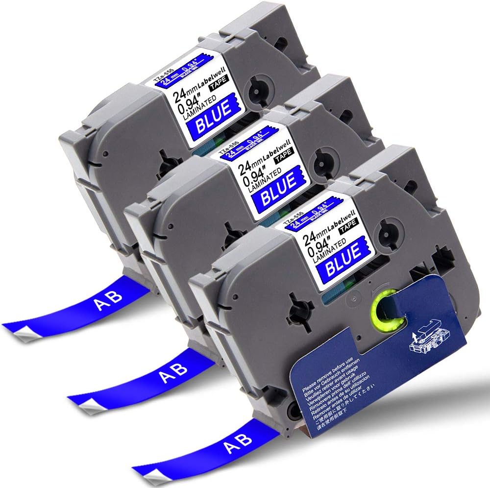 Labelwell Tz P-Touch Tape 24mm x 8m TZe-555 Blue on White Compatible for Brother TZe555 TZ-555 Label Cassette for Brother P-Touch PT-E500VP PT-P900W PT-P950NW PT-D600 PT-P750W Printer, 3-Pack
