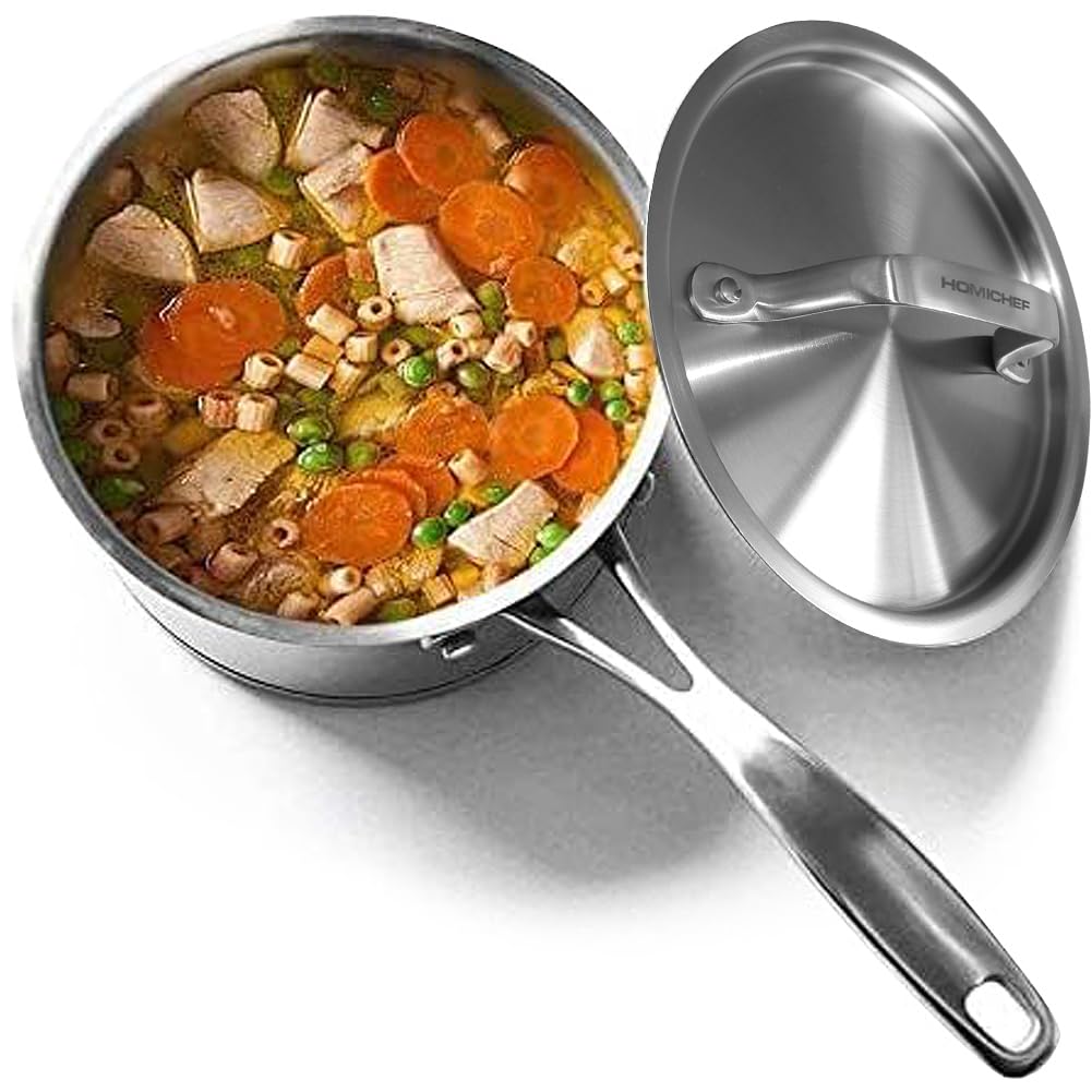 HOMICHEF Matte Polished Nickel Free Stainless Steel Sauce Pan/Sauce Pot with Lid (16 cm, 1.7 Litre) - Small Saucepan Induction Pan with Lid